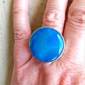 Big Bright Blue Botswana Agate Ring in 925 Sterling Silver Overlay (7 1/4)